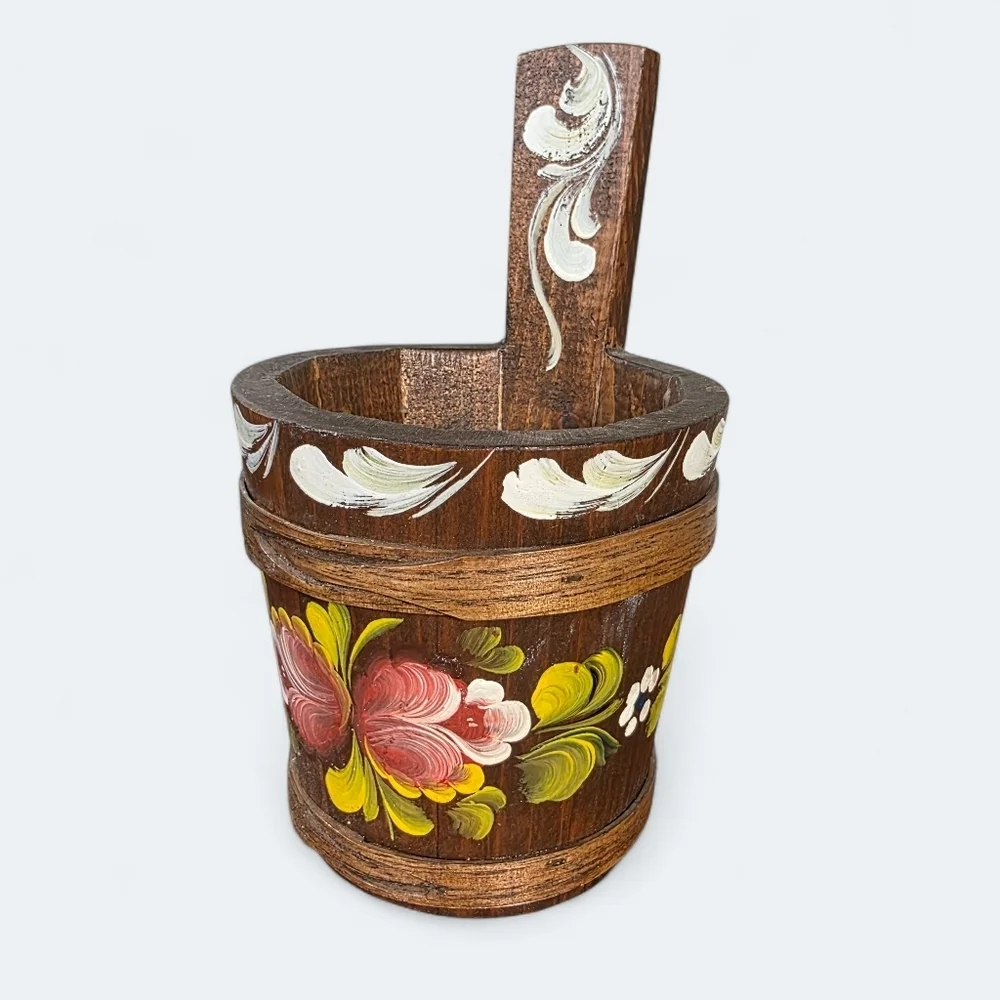 Vintage Handcrafted Small Wooden Pot with Floral Design Scandinavian Antique